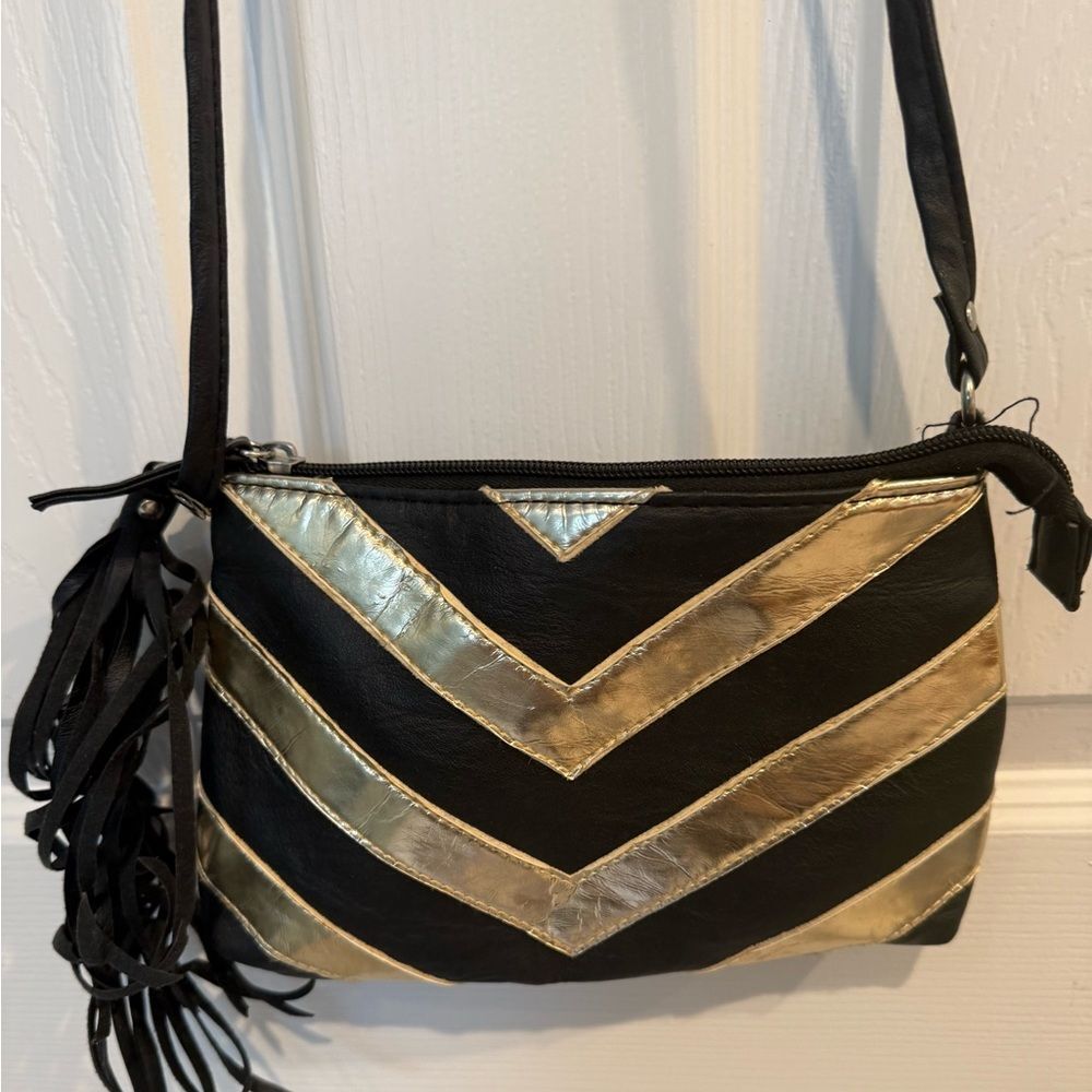 Black and Gold Metallic stripe faux leather bag
